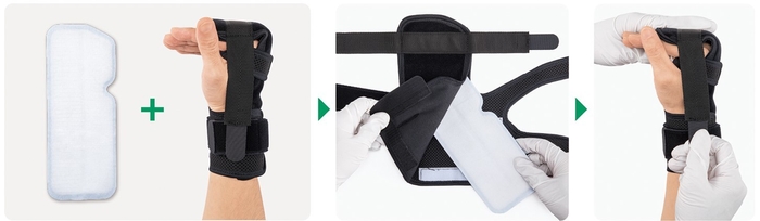 左がキャストステー、右がステーカバー(画像左)/キャストステーをステーカバーへ入れて装着し成形する(画像中央・右)