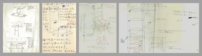 猪熊弦一郎氏と橋本兵蔵の手紙のやりとり。書簡で何往復もデザインの詳細を詰め、試作を繰り返した。