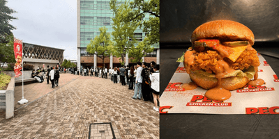 今年5月の営業時の様子（左）、KINDAI CHICKEN BURGER（右）