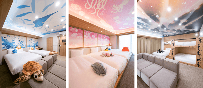 ゴールドステイ大須 HOTEL AQUARIUM 赤道ルーム(左)・深海ルーム(中)・南極ルーム(右)