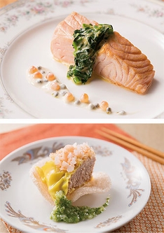 (画像上から)サーモンのポアレ キャビアとイクラの白ワインソース、海老の蒸籠蒸し 焼売仕立て