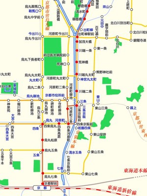 京都バスの検索結果表示例 路線図上の経路