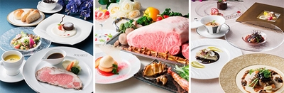(左)カフェレストラン「ソラレス」:ヒスイラン (中央)鉄板焼「梅野」:白薔薇~しろばら~ (右)仏蘭西料理「プルミエ」:カトレア