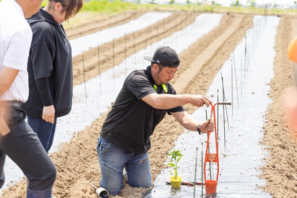 穴を空ける作業を実演する生産者の山田さん